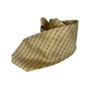 Geoffrey Beene Mens Long Silk Tie Gold Blue Brown Grid Microdot Stain Resistant